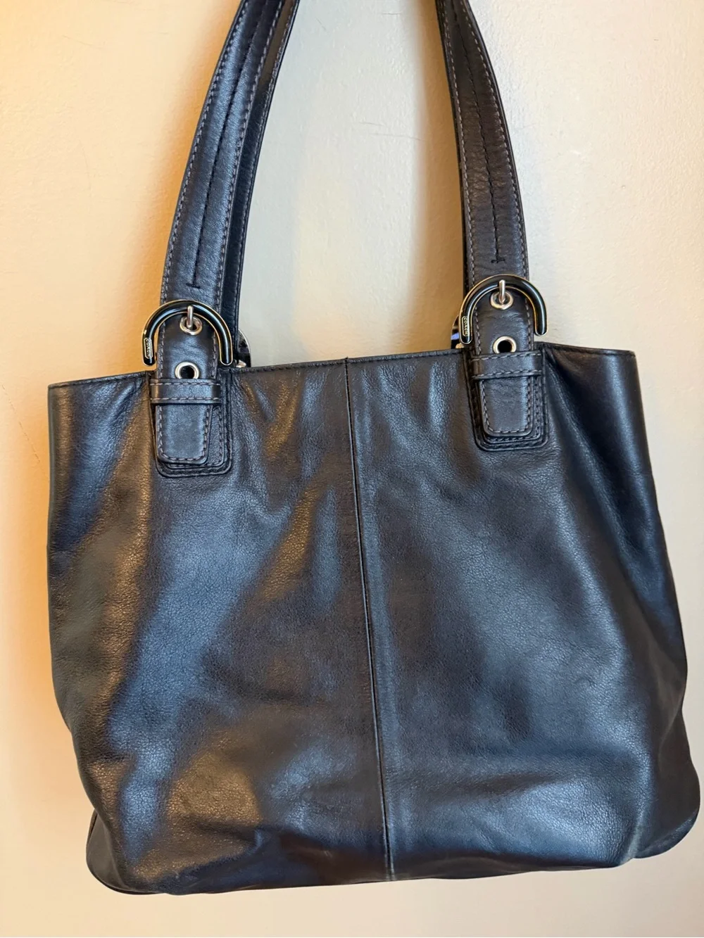 Coach F17216 Soho North South Black Leather Tote Shoulder Bag Blue Liner No Tag